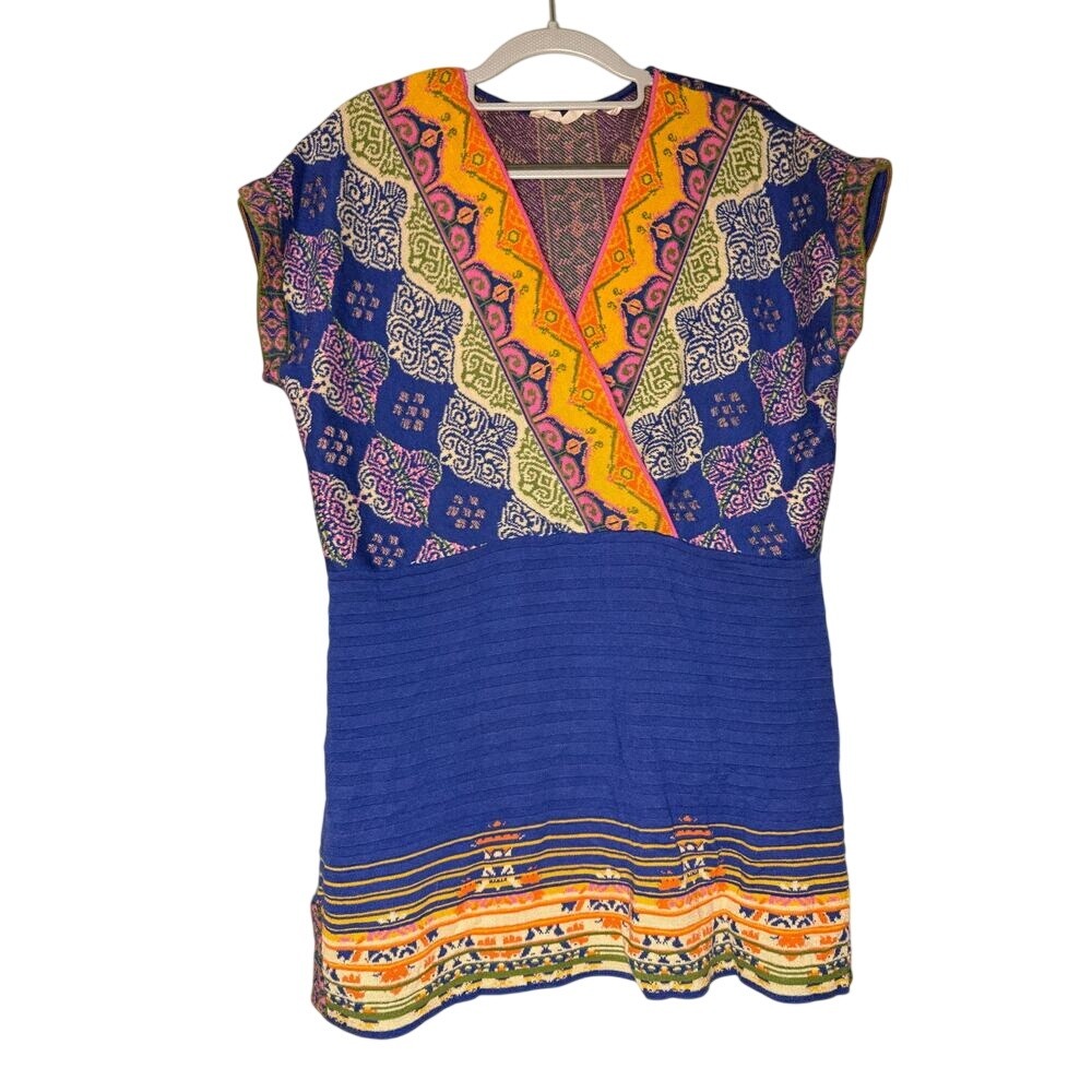 Soft Surroundings Women's Large Kualoa Blue Tunic Cap Sleeve Sweater Wrap V-neck